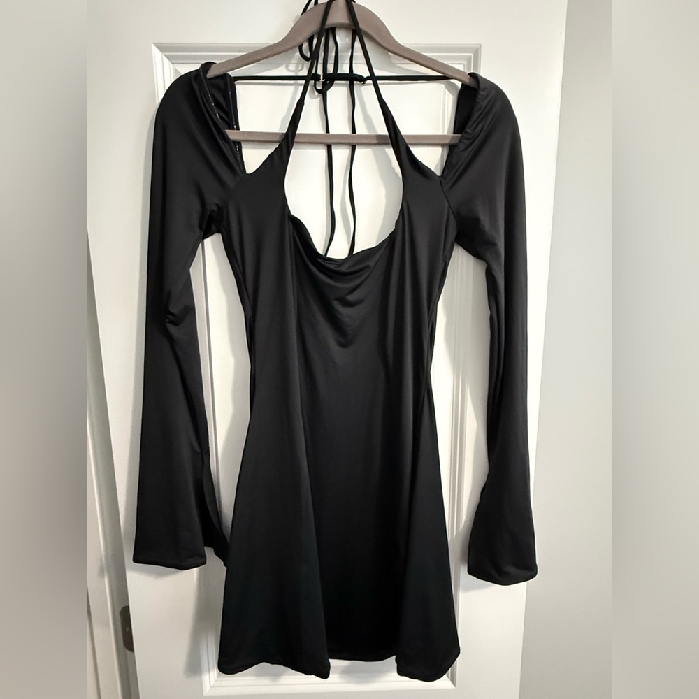 Long Sleeve Cross Over Strap Mini Dress in Black